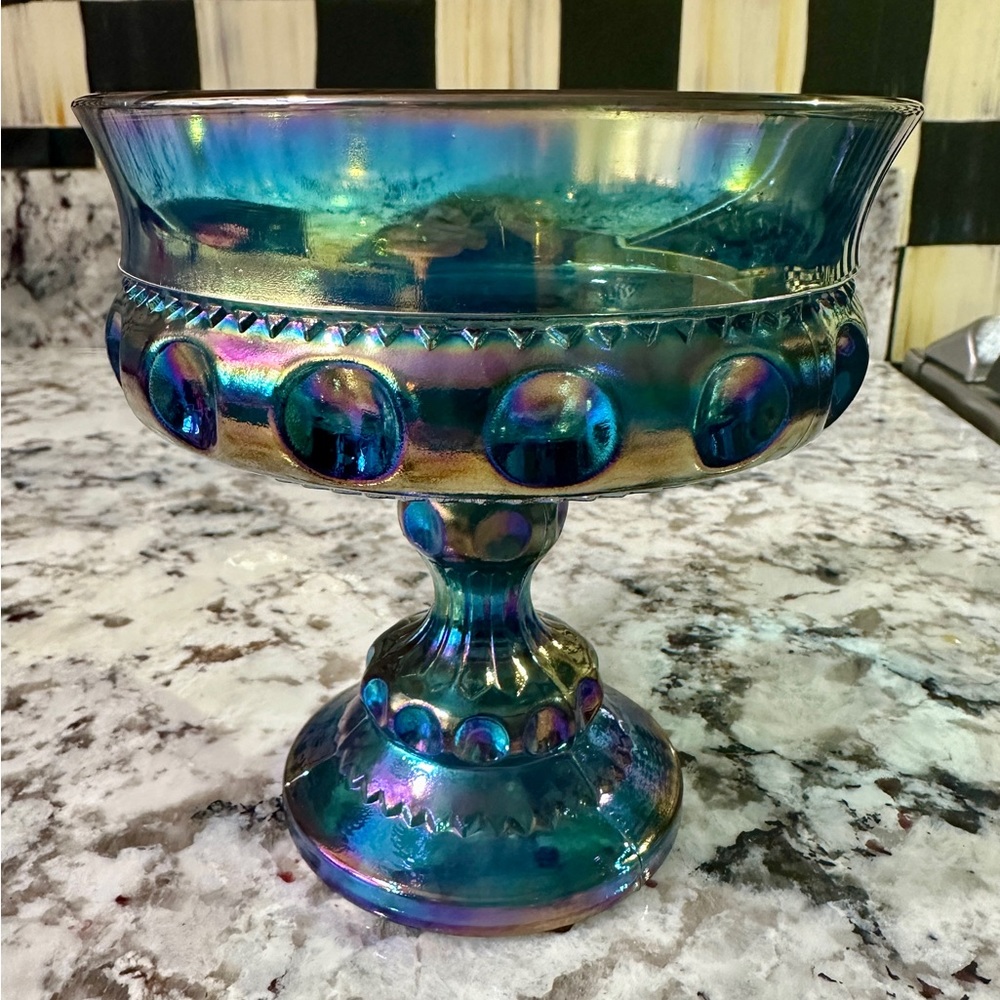 SOLD‼️  Vintage Indiana Glass Blue Carnival Kings Crown Thumbprint Compote